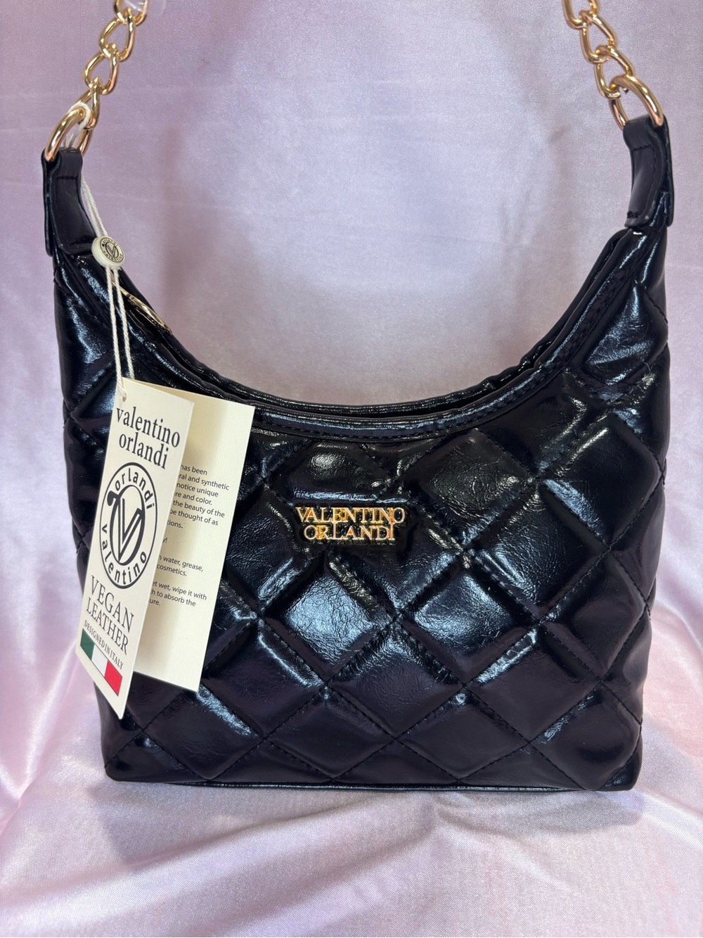 Valentino Orlandi Black Quilted Shoulder Bag with Gold Chain